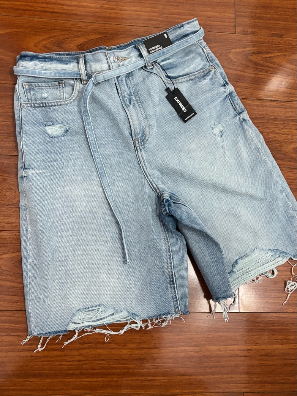 Express Light Blue Distressed Denim Bermuda Shorts